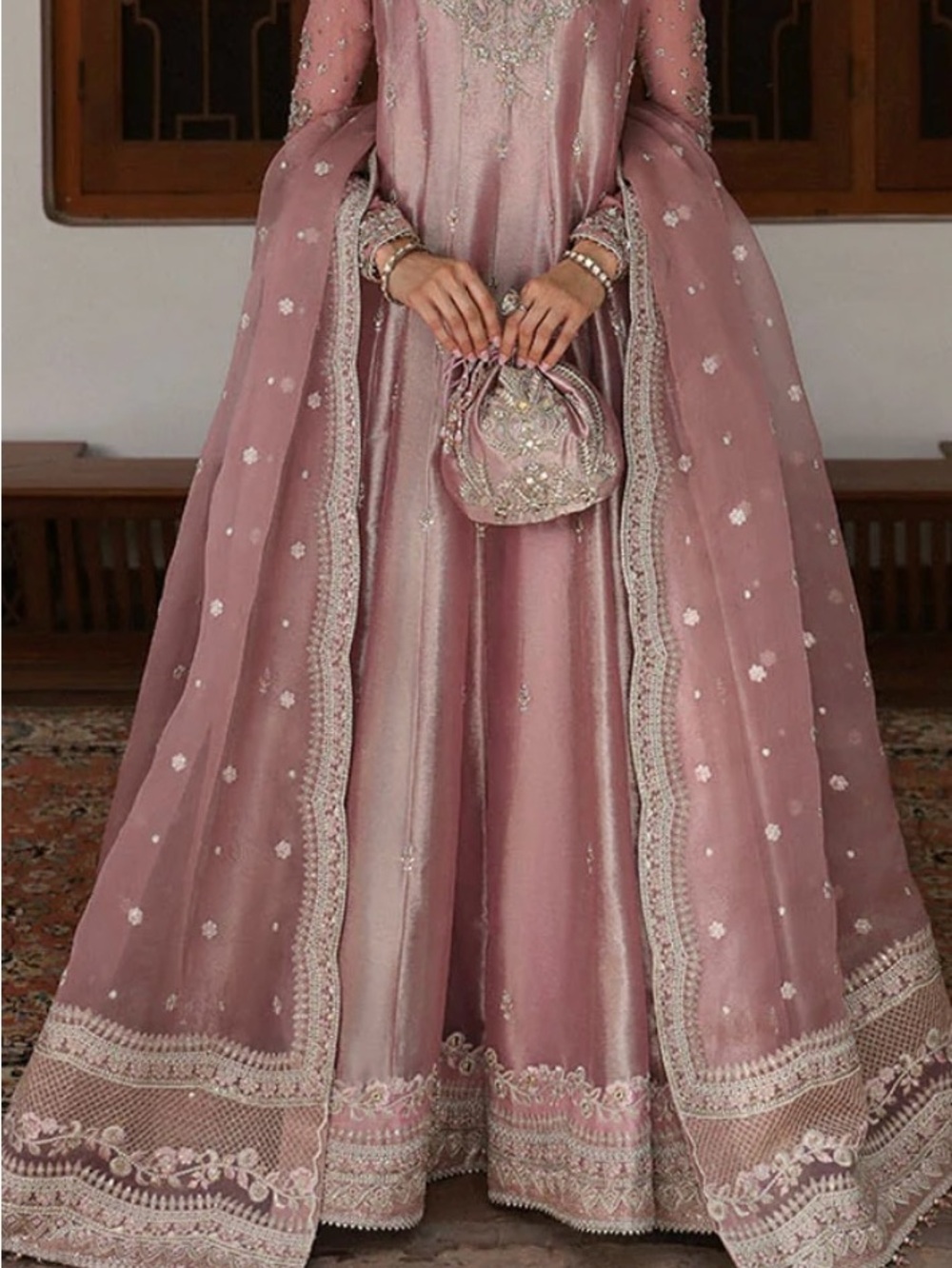 Dusty Rose Embroidered Maxi Dress with Sheer Draped Dupatta